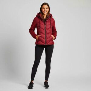 DKNY Women's Hooded Puffer Jacket Scuba Sleeves Red Size M
